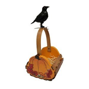 Halloween Basket w/handle Hand Painted Wood  Pumpkin w/Black Bird Crow Orange